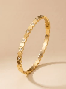 1/3pcs Vintage Elegant Zirconia Clover 316 Stainless Steel Bracelet, 18K Gold Plated Honeycomb Bracelet, Full Rhinestone Stainless Steel Bracelet Set, Minimalist Stackable Bracelet Set, Suitable For Women's Daily Wear, Gift For Girlfriend, Best Friend, Valentine's Day Gift, Wedding Season Gift, Family Gift, Summer Beach Bracelet Jewelry, Teen Jewelry, Waterproof And Fade-Resistant - Gold - View 4