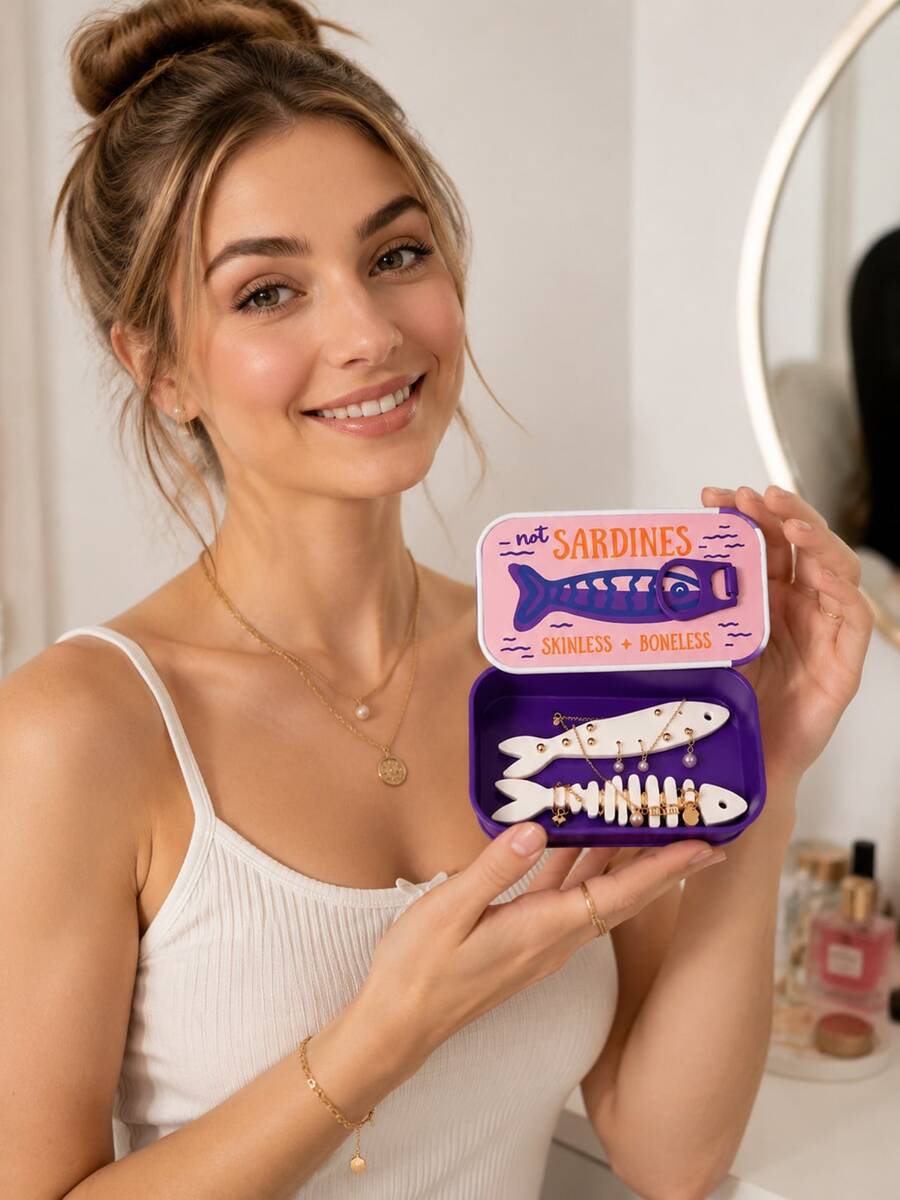 1pc Creative Sardine Can Jewelry Storage Box, With Double Fish Bone Shaped Storage Rack Inside, Can Easily Organize Earrings, Rings, Necklaces, Bracelets And Other Jewelry, Effectively Prevent Tangling And Loss, Making Every Piece Of Jewelry Clearly Visible. Compact And Lightweight Size Convenient For Placement On Vanity, Bedside Table, Desk, Also Suitable For Putting In Handbag Or Luggage - View 1