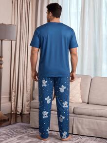 Plus Size Men's Blue Koala Print Pajama Set, Summer Short Sleeve T-Shirt + Star Print Long Pants, Loose Casual Loungewear - Blue - View 3