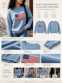 Sweater Wanita Terbaru untuk Hari Kemerdekaan, Leher Bulat, Warna Biru, Motif Bendera Amerika, Kerah Bergaris, Atasan Rajut Kasual Serbaguna untuk Pemakaian Sehari-hari - Biru - View 8