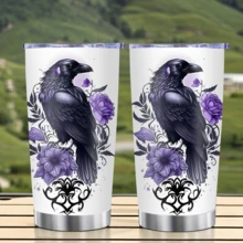 1/5 Stück 20oz Edelstahl isolierter Becher, schwarzer Krähen- & lila Blumenmuster, auslaufsicherer versiegelter Deckel, tragbarer Thermobecher für Auto, Büro, Outdoor Camping, ideales Geschenk für Liebhaber von Gothic Dark Art - Schwarze Krähe - Übersicht 4