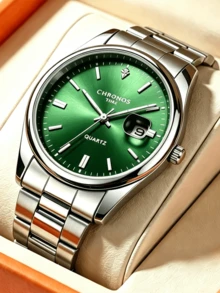 CHRONOS Men's Sporty Casual Watch Stainless Steel Band, Date Display, Water Resistant, Luminous Hands Perfect Festival Gift For Men - Green - View 9