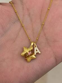 1件時尚獨特不鏽鋼項鍊，迷你字母吊墜設計，星星愛心組合款，可開合，適合日常配戴 - 金黃色 - 查看 4