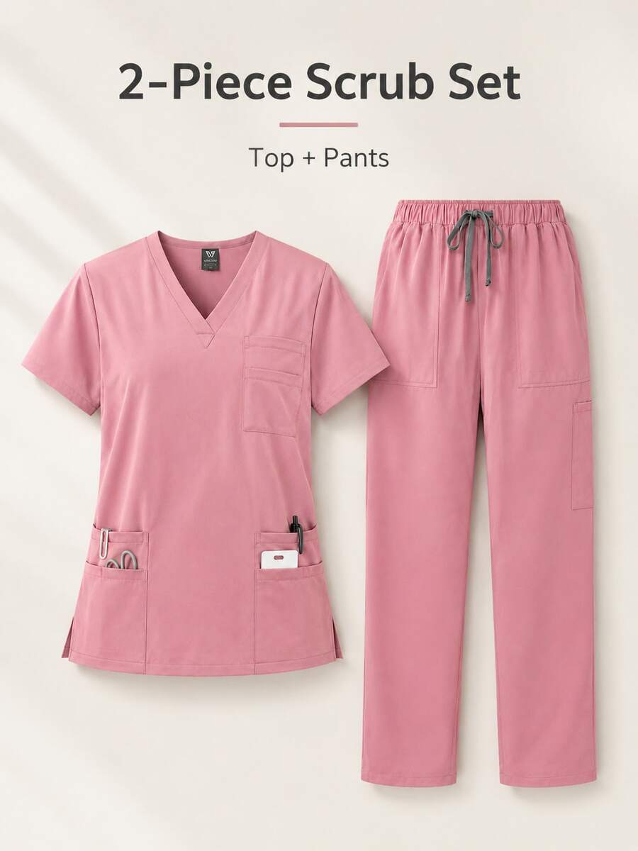 Women's Scrubs Set V-Neck Top And Cargo Pants 2 Piece Set Multi-Pocket Nursing Uniform For Dentist Vet Doctor Black