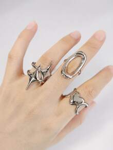 3 piezas Anillos apilables ajustables asimétricos con diseño hueco de estrella, luna y ráfaga, estilo Y2K de Halloween, estilo de fantasía y magia para fiestas y celebraciones - color acero - Ver 9