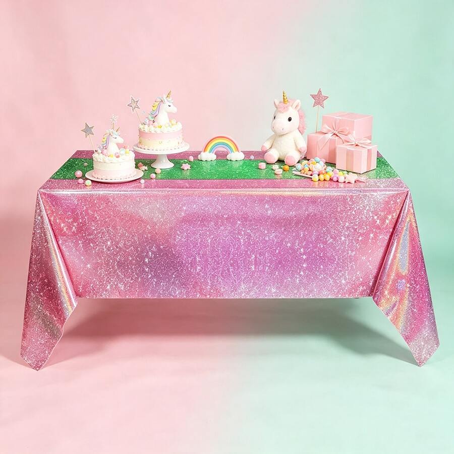 2/4pcs Laser Pink Green Patchwork Disposable Plastic Tablecloth Party Decoration Plastic Rectangular Tablecloth Birthday Wedding Bachelor Anniversary Party Supplies 54x108inch - Multicolor - View 1