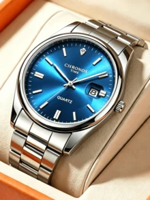 Jam Tangan Kasual Sporty Pria CHRONOS, Tali Stainless Steel, Tampilan Tanggal, Tahan Air, Jarum Jam Bercahaya, Hadiah Festival Sempurna untuk Pria - Hijau - View 10