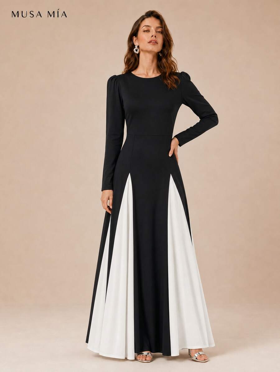 High Neck Velvet Color Block Chiffon Maxi Evening Dress - 黑色 - 查看 1
