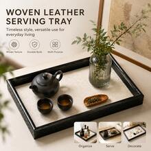 Wooden Frame Textured Leather Lining Black Edge White Bottom Rectangular Decorative Tray, Indoor Teacup Holder, Bathroom Toiletries Storage Tray, Kitchen Food Serving Platter, Living Room Coffee Table Snack Organizer, Bedroom Jewelry Display Tray - Multicolor - View 9