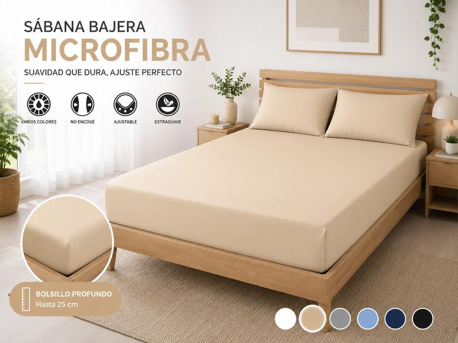 SÁBANA BAJERA AJUSTABLE DE MICROFIBRA | EXTRASUAVE | HASTA 25 CM | 6 COLORES - Beis - Ver 1
