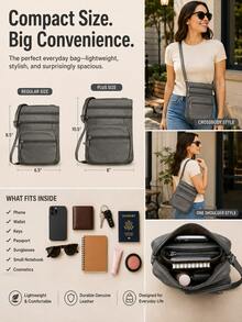 Women's Genuine Leather Crossbody Bag, Adjustable Shoulder Purse, Lightweight Travel Handbag For Work, Shopping & Daily Use - 深灰色 - 查看 5