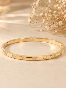Camhanno 3pcs/1pc Stainless Steel & Copper Plated 18K Gold Lucky Bead Bracelet, Full Rhinestone Round Ball Gold Bead Linked Design, Symbolizing Good Luck, One-Piece Molded Craftsmanship, Durable And Sturdy, Versatile For Daily Commute, Flattering To Hands - Gold 12 - View 8