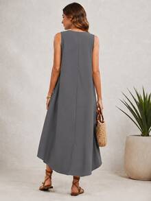 Women's Asymmetrical Dress, Sleeveless High Low Hem Beach Dress, Breathable Summer Midi Dress For Vacation Outfits Women And Resort Wear - 灰色 - 查看 3