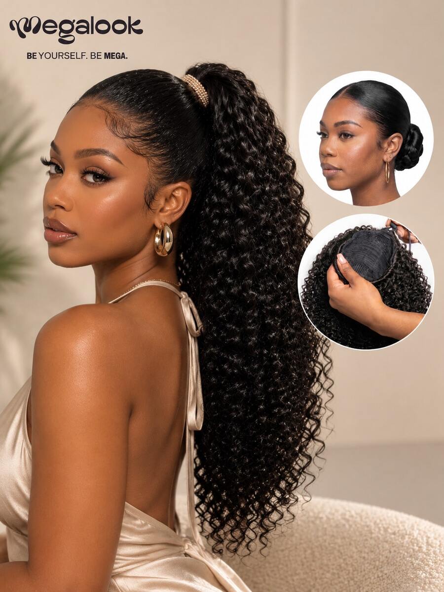 MEGALOOK Water Wave Ponytail 100% Human Hair Drawstring Ponytail Extension Clip In Hair Curly Glueless Natural Black Onytails For Women Clip In On Ponytail Hair Extensions Beginner Friendly - SNatural - View 1