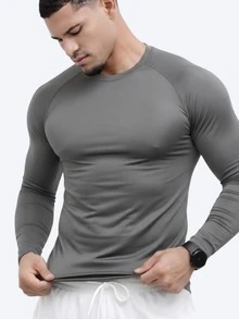 KIT e Unidade Camisas Manga Longa Dry Fit UV50 Academia Pesca Caminhada Treino Corrida Poliéster   Outono  Primavera  Verão  Inverno    Slim Fit - Azul e Cinza - Visão 2