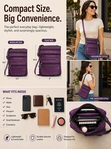 Women's Genuine Leather Crossbody Bag, Adjustable Shoulder Purse, Lightweight Travel Handbag For Work, Shopping & Daily Use - 紫色 - 查看 5