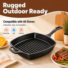 Square Striped Non-Stick Steak Skillet, Cast Iron Griddle Pan With Wooden Handle, Compatible With Induction & All Stoves, For Home, Commercial & Outdoor Camping - View 6