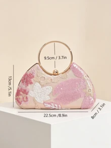 1pc Elegant Sequin Embroidered Pink Evening Clutch Bag, High-End Engagement Party Handbag With Metal Chain Handle, Suitable For Gown, Prom Dress, Formal Dinner Party - Pink - View 3