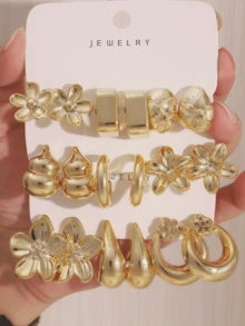 6-18PCS Gold Flower Gourd Water Drop Earrings Set, Vintage Geometric Gold-Plated Earring Combination Set - Gold - View 13