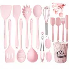 Non-Stick Silicone Kitchen Utensil Set, Heat-Resistant Cooking Tools, Kitchen Utensil Set, Includes Spatula, Soup Spoon, Strainer, Scraper, Brush, Food Tongs, Pasta Spoon, Heat-Resistant Silicone Kitchen Tools - Pink - View 11
