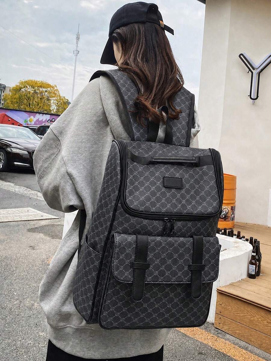 Fashion Minimalist Solid Color PU Backpack - Black - View 1