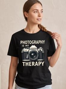 Women's Round Neck Short Sleeve Casual Tee, Relax Photo Print, Machine Washable Versatile Top For All Seasons Including Autumn Outfits - 黑色 - 查看 3