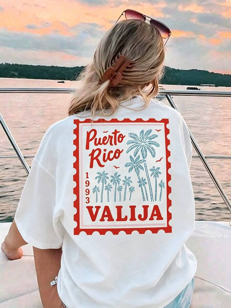 Women's Casual Round Neck Short Sleeve T-Shirt With Seaside Palm Tree, Coconut Tree Graphic Print, Spring And Summer Vacation - 白色 - 查看 1