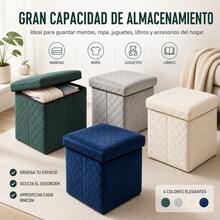 Puf baúl plegable 3 en 1 de terciopelo acolchado, taburete cuadrado almacenable 38*38*35 cm, asiento auxiliar con gran capacidad interior, disponible en 4 tonos elegantes - Azul Marino - Ver 5