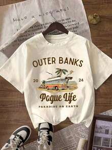 Vintage Short-Sleeve Crew Neck T-Shirt, Outer Bank Graphic Print, Minimalist Design For Everyday Wear, Black, Summer Tops. - 白色 - 查看 10
