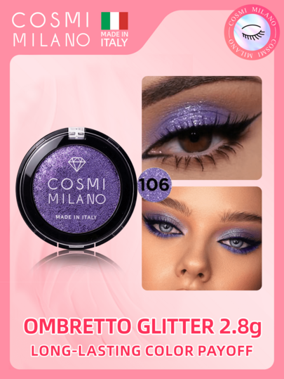 COSMI MILANO Glitter oogschaduw, gemaakt in Italië. Ruime keuze aan tinten. Heldere microglitters met een hoge glans, een langdurige, compacte textuur, geschikt voor het creëren van looks in elke stijl. De ideale beautypartner voor de zomer.