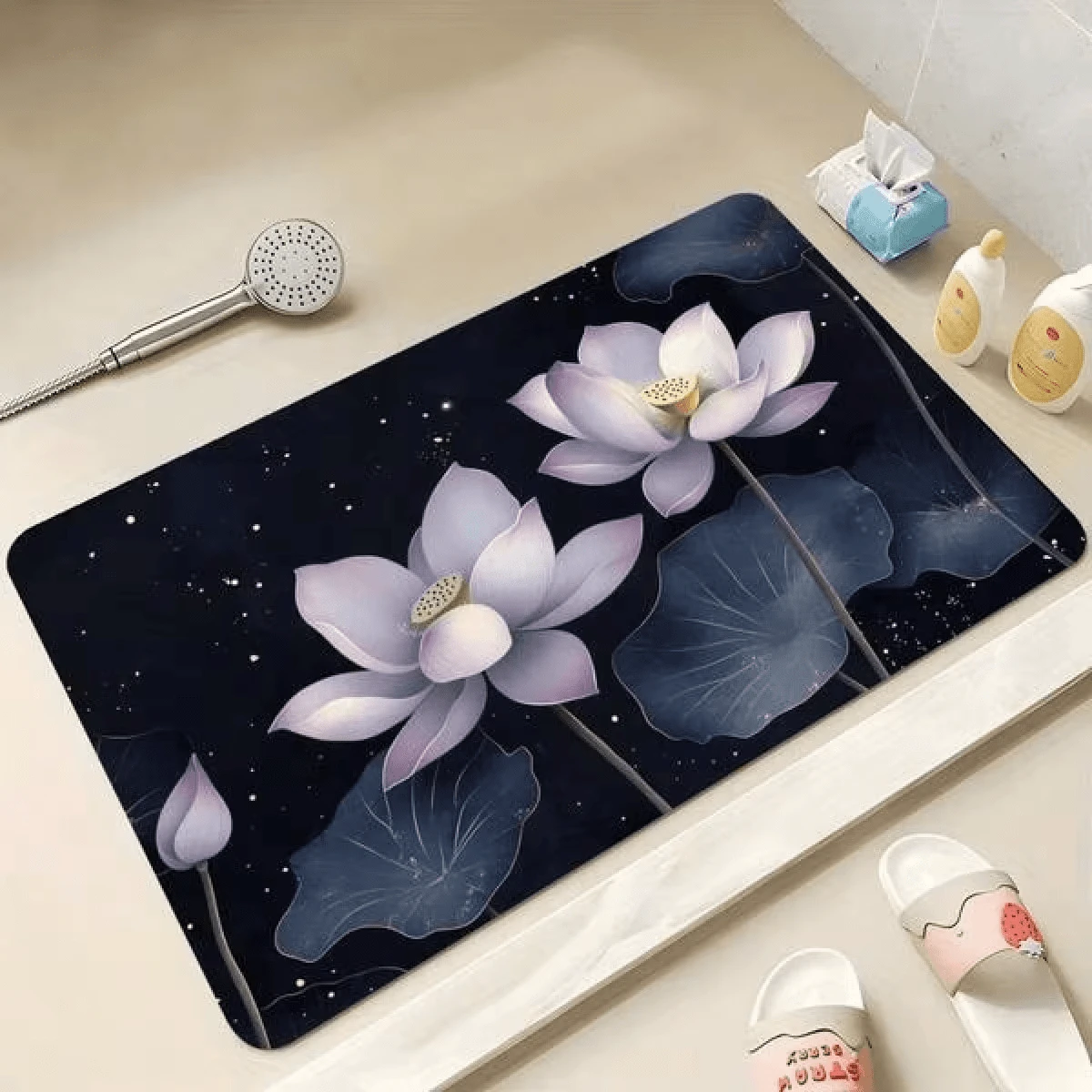 Classic Elegant Lotus Diatom Mud Bath Mat Quick Absorbent Soft Rug Zen Spa Bathroom Interior Decor Mat - Black - View 1