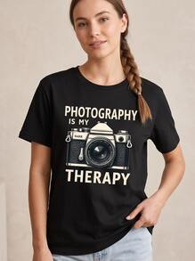 Women's Round Neck Short Sleeve Casual Tee, Relax Photo Print, Machine Washable Versatile Top For All Seasons Including Autumn Outfits - 黑色 - 查看 1