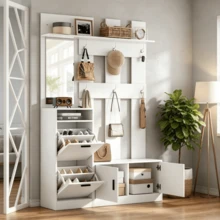 Appendiabiti per ingresso, con scarpiera, specchio e ganci, armadio a muro, scarpiera multifunzionale, per corridoio/ingresso, bianco, 120x30x180 cm - Bianco - Visualizzare 5