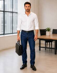 Calça Jeans Masculina Elastano Lycra Reta Tradicional Azul Confortável Trabalho Promoção - Azul - Visão 8
