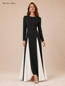 High Neck Velvet Color Block Chiffon Maxi Evening Dress - 黑色 - 查看 6