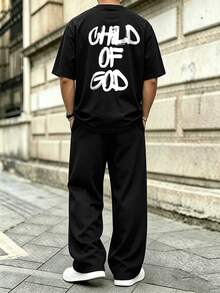Men's Letter Print Crew Neck Short Sleeve T-Shirt And Loose Straight Leg Pants With Pockets Set - Black - View 2