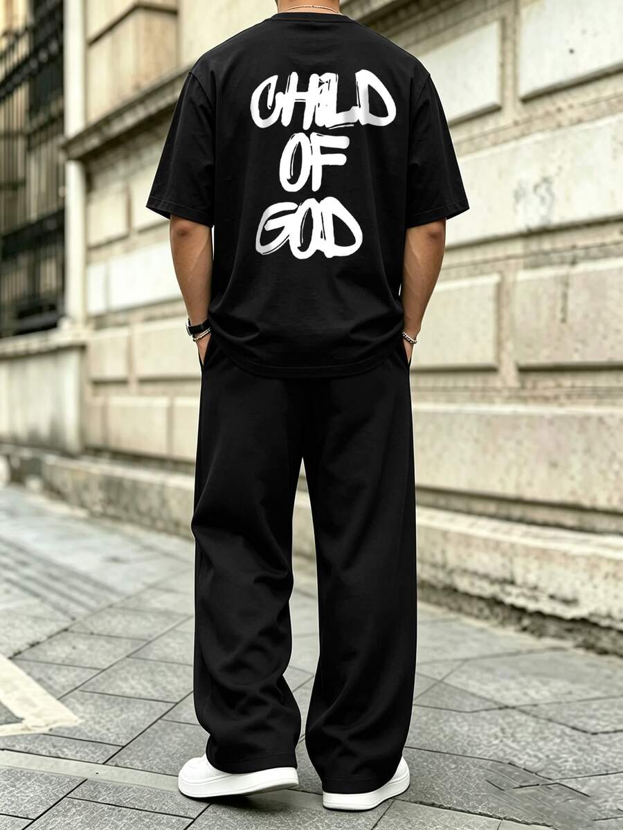 Men's Letter Print Crew Neck Short Sleeve T-Shirt And Loose Straight Leg Pants With Pockets Set