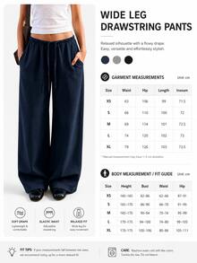 Women's Loose Drawstring Waist Wide Leg Pants, Lightweight Breathable Casual Trousers, Summer, Old Money - Navy Blue - View 7