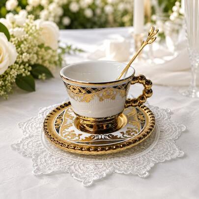 WGROOM 1 Set (1 Cup + 1 Saucer + 1 Spoon), Luxury Gold Floral Teacup Set, Vintage Coffee Cup For Garden Wedding, Afternoon Tea, Bridal Shower & Gift