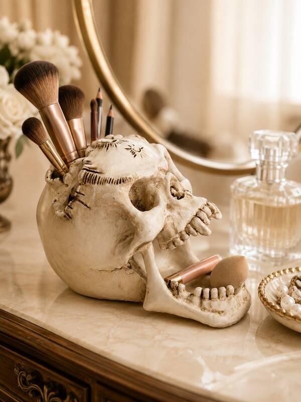 1pc Gothic Skull Makeup Brush Holder, Resin Skeleton Cosmetic Organizer With Open Jaw Tray, Creative Pen Cup, Beauty Sponge And Lipstick Storage For Vanity Table, Bedroom, Bathroom, Office Desk, Halloween Decor, Dark Academia Room Decor, Spooky Gift