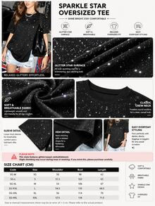 Summer New Casual Shiny Glitter Round Neck Short Sleeve T-Shirt, Fashionable Loose Versatile Tee For Women Black - Black - View 4