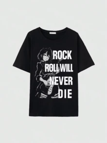 ROMWE Grunge Punk Loose Fit Short Sleeve T-Shirt With Punk Style Slogan Streetwear Rock, Unisex - Black - View 7