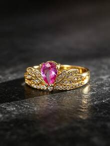 Copper Plated 18K Gold Water Drop Pink Cubic Zirconia Butterfly Ring For Women, Pear-Shaped Pink Gemstone Full Diamond Butterfly Inlaid White Diamond Ring, French Vintage Luxury Jewelry, Suitable For Dating, Evening Party, Wedding, Valentine's Day Gift For Girlfriend, Fade-Resistant Atmospheric Gemstone Jewelry - Gold - View 2