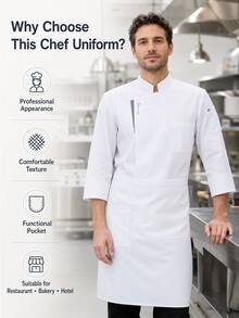 1pc Men's Solid Color Stand Collar Mid-Sleeve Chef Shirt, White Chef Jacket, Men's/Women's Chef Uniform, Casual And Minimalist Style, Suitable For Spring/Summer And All Seasons, Chef Uniform, Minimalist, Comfortable, Stain-Resistant, Oil-Resistant, Easy To Wash, Breathable, Durable, Non-Shrink, Easy Care, Professional Catering Apparel (White) - White - View 9