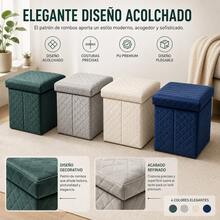 Puf baúl plegable 3 en 1 de terciopelo acolchado, taburete cuadrado almacenable 38*38*35 cm, asiento auxiliar con gran capacidad interior, disponible en 4 tonos elegantes - Azul Marino - Ver 3