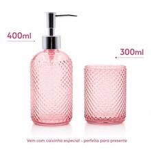 Kit Banheiro Dispenser Sabonete + Copo Vidro Decoração Lavabo Rosa - Rosa Estelar - Visão 2