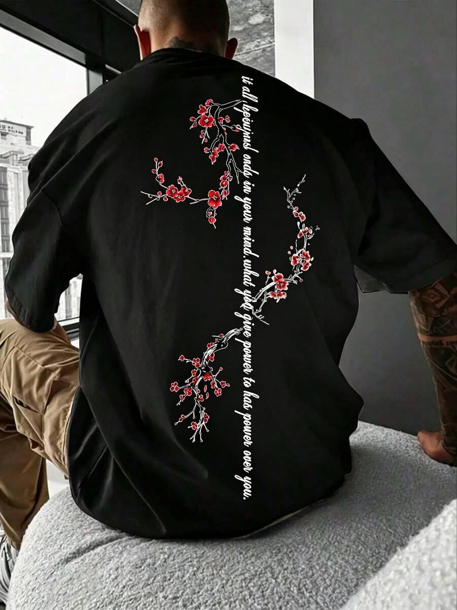 Men's T-Shirt With A Round Collar, Short Sleeves, And Floral Print, For Everyday Wear. - 黑色 - 查看 1