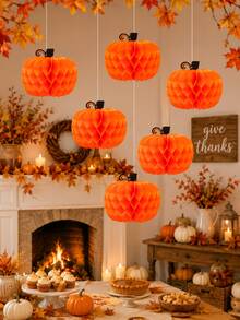 10 Inch Autumn Pumpkin Honeycomb Paper Hanging Decor, Warm Orange 3D Honeycomb Pumpkin Shape With Black Swirl Pumpkin Stem, Suitable For Halloween, Thanksgiving Harvest Party, Indoor Dining Table Ceiling, Outdoor Yard Trees, Store Window Hanging Decor, Foldable And Reusable, Vintage Country Style Autumn Holiday Decoration - Black Leaf Pumpkin Honeycomb - View 2