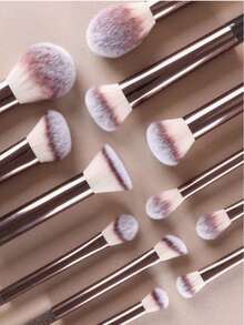 15pcs Makeup Brush Set, Including Powder Brush, Blush Brush, Highlighter Brush, Eyeshadow Brush, Mascara Brush, Eyeliner Powder, Round Powder Puff, Triangular Powder Puff, Makeup Tools - Coffee Brown - View 5
