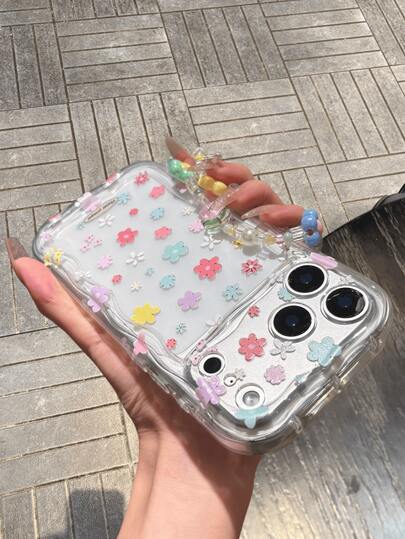 Ins Style Macaron Colorful Floral Wavy Edge Transparent Phone Case, TPU Soft Shell Fresh Ditsy Floral With Flower Beaded Phone Lanyard Protective Case, Compatible With Apple 17/17 Pro/17 Pro Max, 16/15/14/Pro/Pro Max, S26/S25, A55 5G-Apple 17 Pro Max Phone Case, Apple 13 Phone Case, S24 Ultra Phone Case
